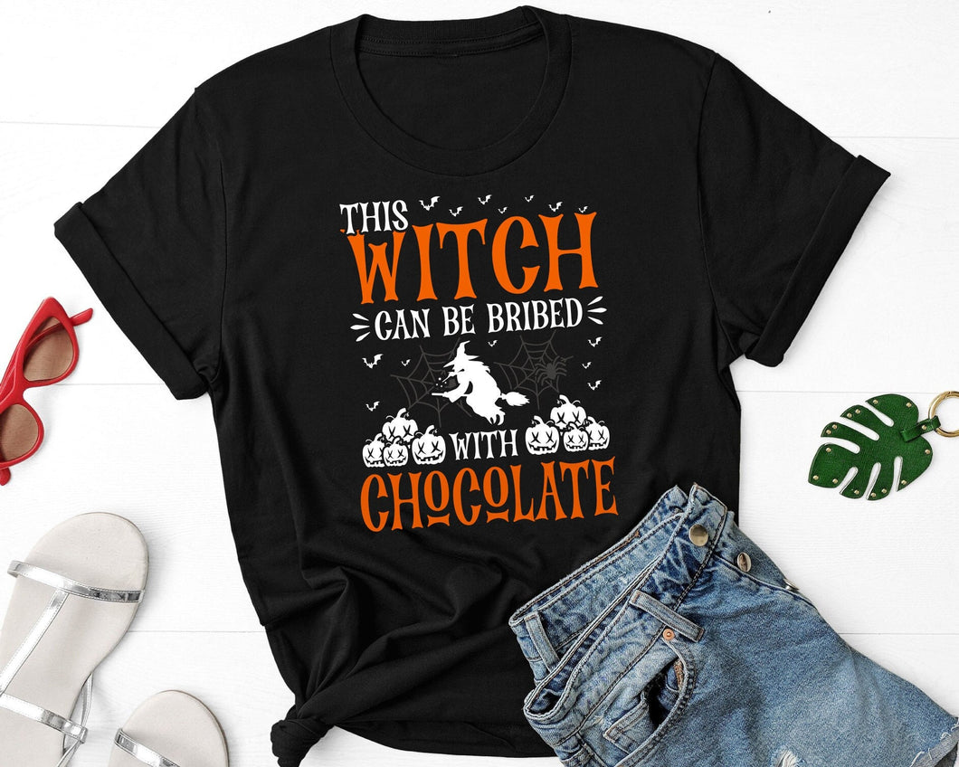 This Witch Can Be Bribed With Chocolate T Shirt, Halloween Witch Shirt, Chocolate Lover Tshirt, Halloween Party Tee