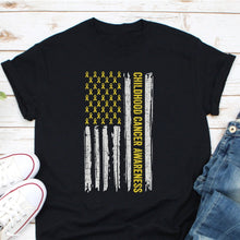 Load image into Gallery viewer, US Flag Childhood Cancer Awareness Shirt, Childhood Cancer Gold Ribbon Shirt, Cancer Fighter
