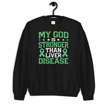 Load image into Gallery viewer, My God Is Stronger Than Liver Disease Shirt, Green Ribbon Awareness Liver Disease Fighter shirt
