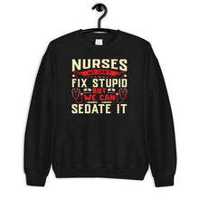 Load image into Gallery viewer, Nurses We Can&#39;t Fix Stupid But We Can Sedate It Shirt, Funny Nurse Shirt, Nurse Gift, LPN RN Gift
