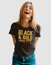 Load image into Gallery viewer, Black &amp; Gold Vibes Only Shirt, Black And Gold Game Day Group Shirt, Football Volleyball Baseball Shirt
