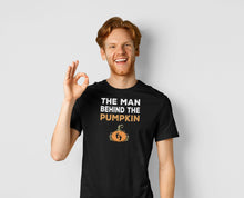 Load image into Gallery viewer, The Man Behind The Pumpkin T Shirt, Halloween Pregnancy Shirt Expecting Pumpkin Pregnancy Announcement
