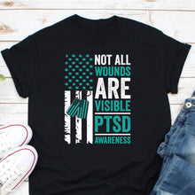 Load image into Gallery viewer, Not All Wounds Are Visible PTSD Awareness American Flag Shirt, PTSD Warrior Shirt, Teal Ribbon Warrior Tee
