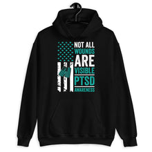 Load image into Gallery viewer, Not All Wounds Are Visible PTSD Awareness American Flag Shirt, PTSD Warrior Shirt, Teal Ribbon Warrior
