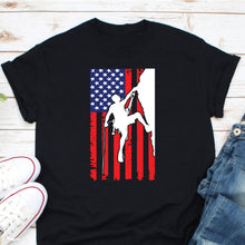 Load image into Gallery viewer, American Flag Rock Climber Shirt, Mountain Climbing Shirt, Climber Shirt, Rock Climbing Shirt, Mountaineering Shirt
