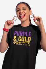 Load image into Gallery viewer, Purple &amp; Gold Vibes Only Shirt, Team Colors Shirt, College Sports Fan Shirt, Game Day Group Shirt
