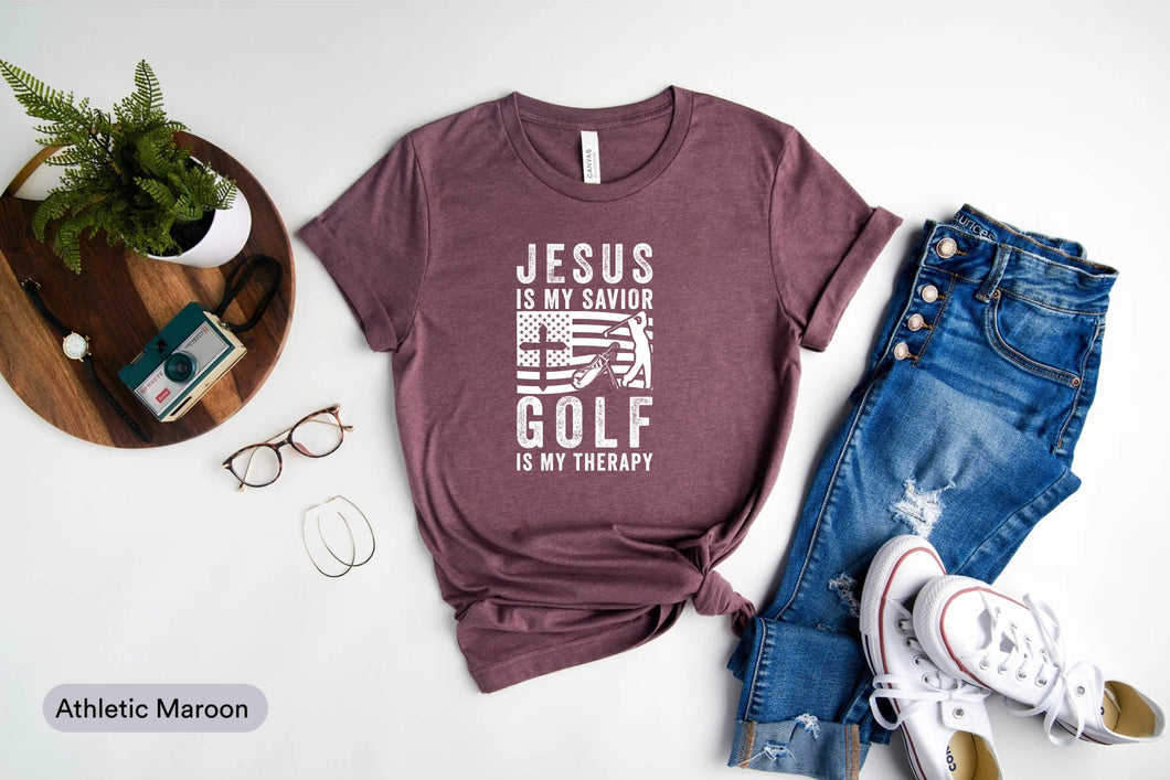 Jesus Is My Savior Golf Is My Therapy Shirt, Golfer Shirt, Golfing Sport Shirt, Golf Player Shirt