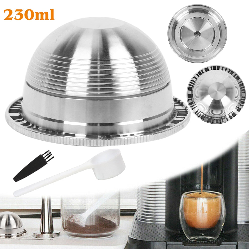 230ml Coffee Capsule Filter With Brush Spoon Set Stainless Steel For Nespresso Vertuo
